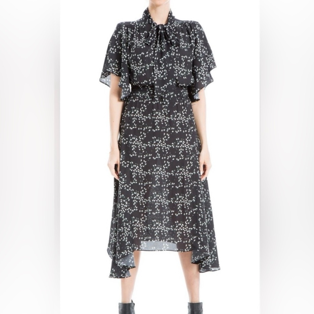 Max Studio Black Midi Dress White and Green Pattern Flutter Sleeve Tie Neck SZ M